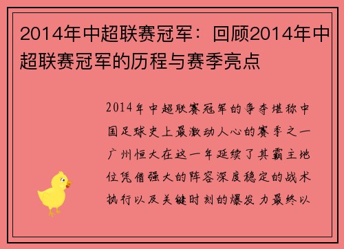 2014年中超联赛冠军：回顾2014年中超联赛冠军的历程与赛季亮点