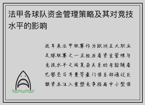 法甲各球队资金管理策略及其对竞技水平的影响